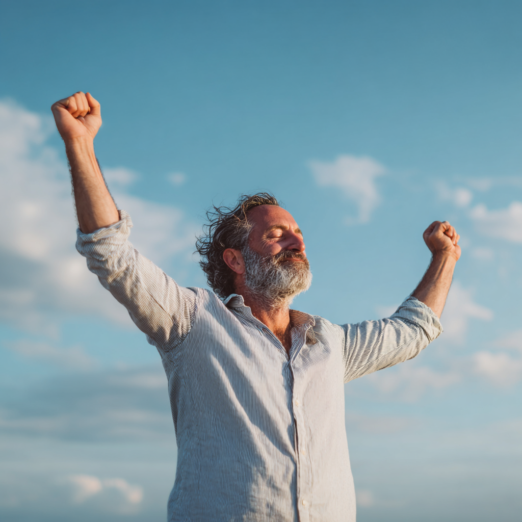 middle-aged man achieving transformation success and personal development goals