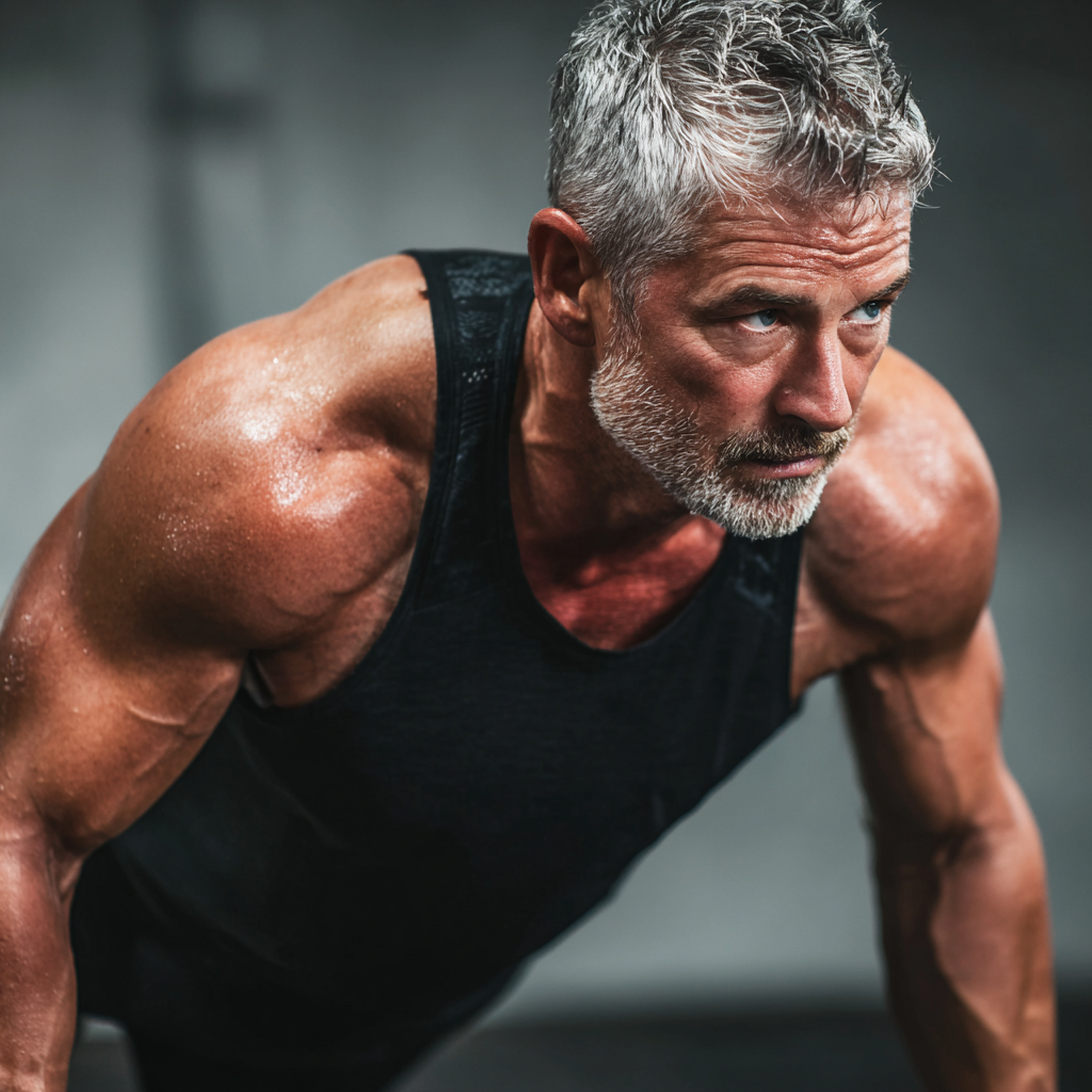middle-aged man focused on physical development and strength training